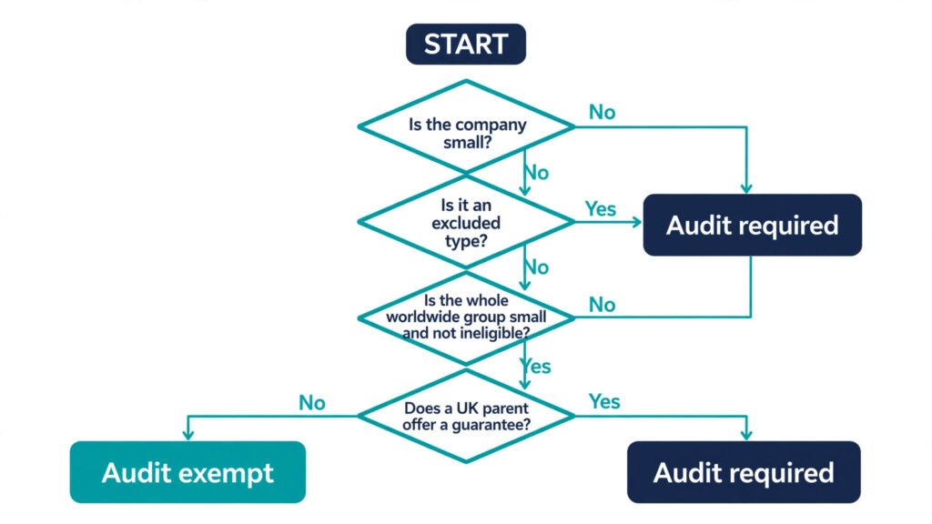 Flowchart showing how a UK company in a group checks whether it can claim audit exemption