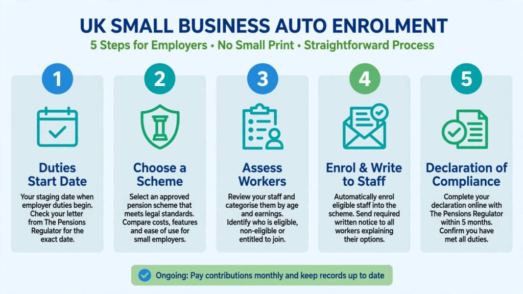 Five-step auto enrolment checklist for UK employers showing duties start date, scheme choice, assessment, enrolment and declaration