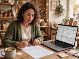UK small business owner reviewing workplace pension paperwork and a payroll checklist at a desk