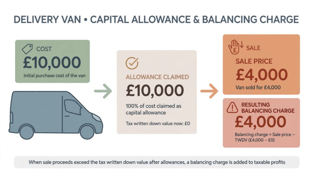 Simple diagram showing a van sold for £4,000 creating a £4,000 balancing charge