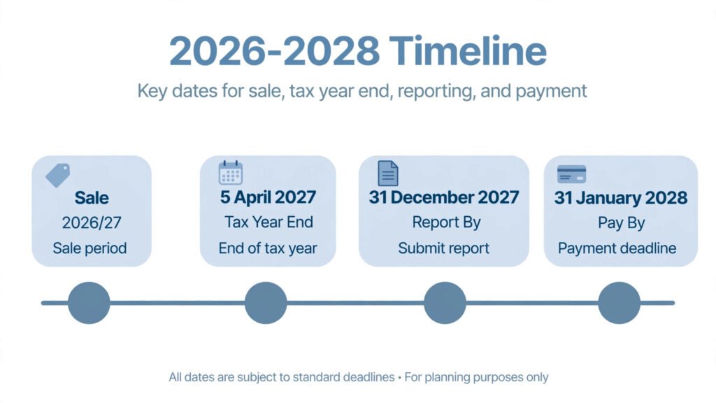 Timeline showing report and payment dates for a 2026/27 business asset sale