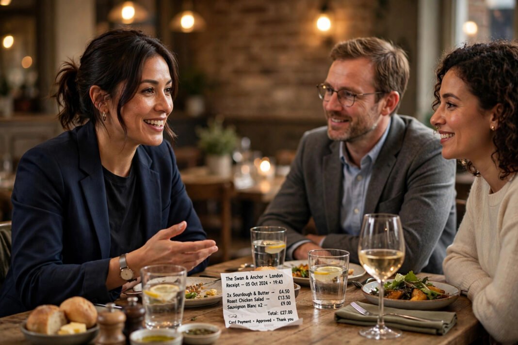 UK business owner hosting clients for dinner at a restaurant, receipt visible on the table, soft professional lighting