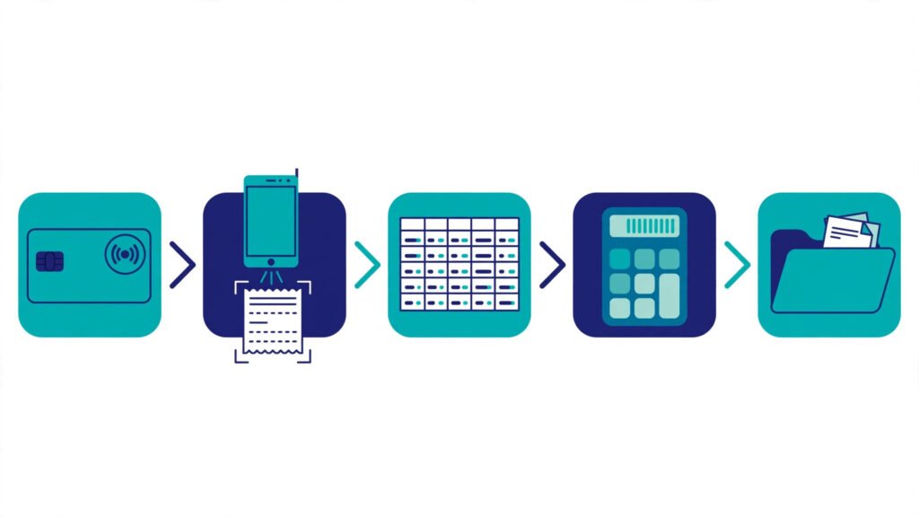 Five-step flow showing how to record and claim business expenses from receipt to tax return