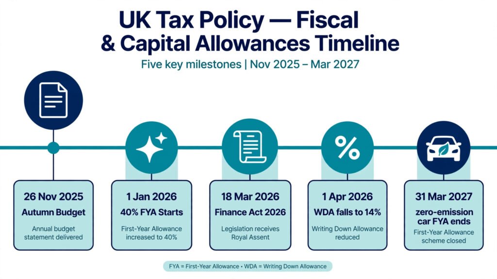 Timeline of UK capital allowance changes from Autumn Budget 2025 to April 2027