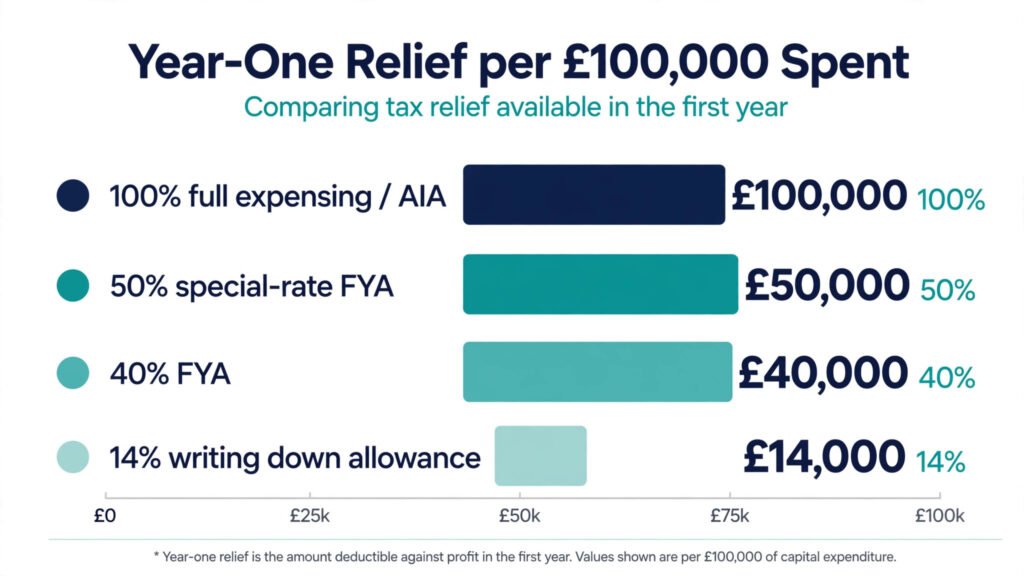 Infographic comparing UK capital allowance rates in 2026: full expensing, AIA, 40% first-year allowance and writing down allowance