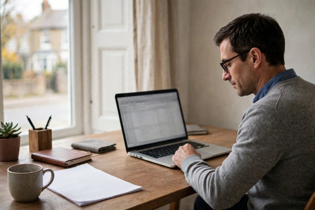 UK business owner reviewing a capital gains tax calculation on a laptop with sale documents on the desk