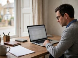 UK business owner reviewing a capital gains tax calculation on a laptop with sale documents on the desk