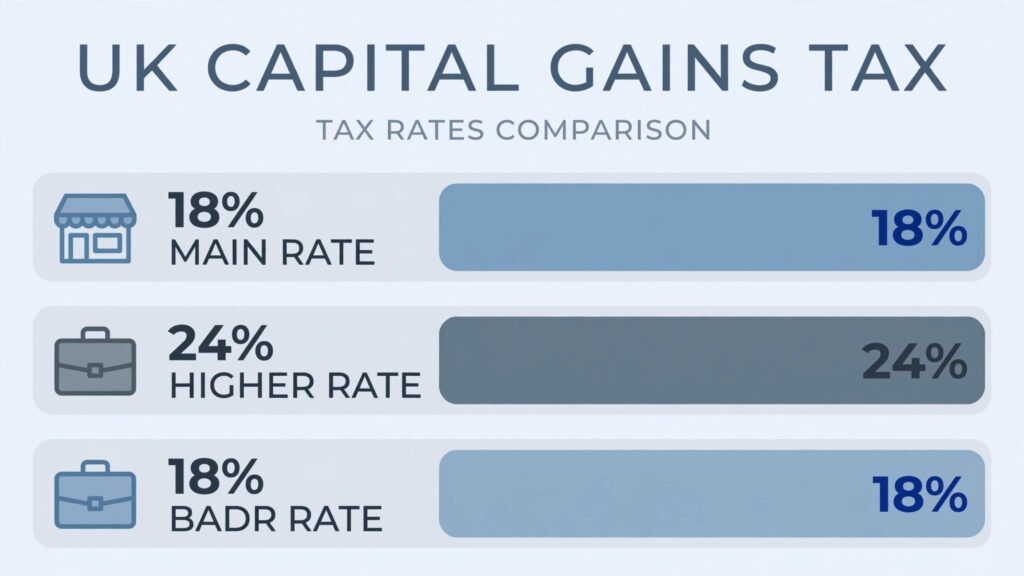 Simple infographic showing the 18% and 24% CGT rates and the 18% BADR rate for 2026/27