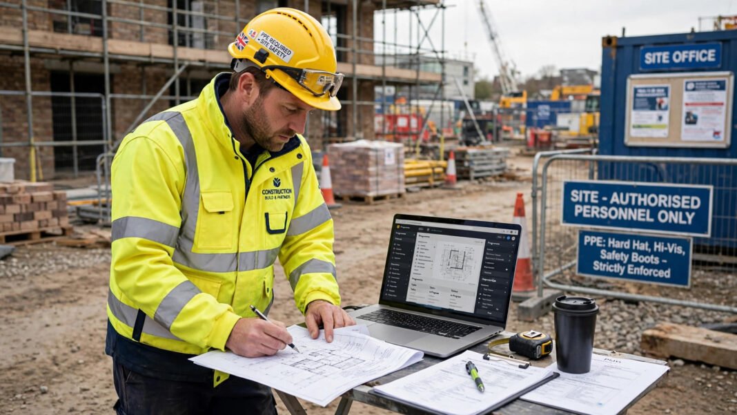 Construction worker reviewing CIS registration paperwork on a UK building site