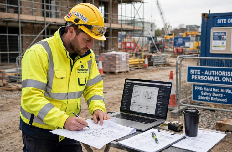Construction worker reviewing CIS registration paperwork on a UK building site