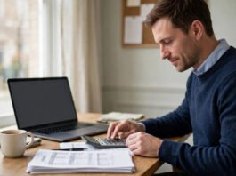UK company director reviewing final accounts and tax papers at a desk before closing a limited company