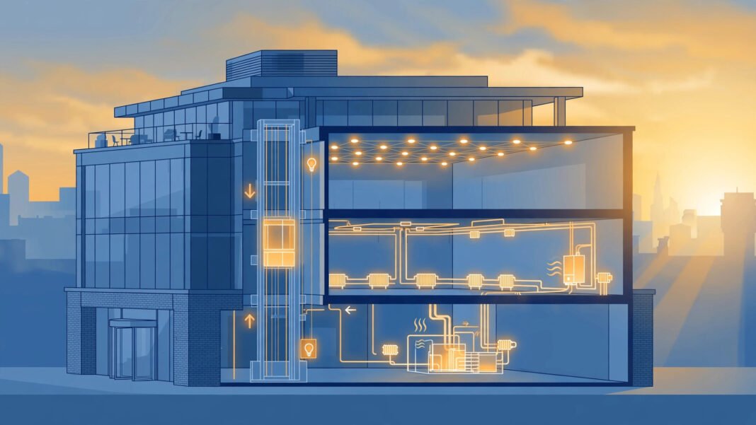 Modern UK commercial office building with highlighted lifts, lighting and heating systems representing qualifying capital allowances