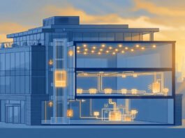 Modern UK commercial office building with highlighted lifts, lighting and heating systems representing qualifying capital allowances