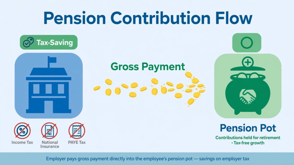 Diagram showing company profit flowing into a director's pension with corporation tax saved and no income tax or National Insurance charged
