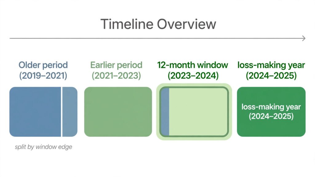 Timeline showing the 12-month carry back window before a loss-making accounting period, with one earlier accounting period only partly inside the window