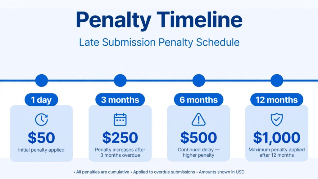 Timeline diagram showing HMRC Corporation Tax late filing penalty escalation at 1 day, 3 months, 6 months and 12 months