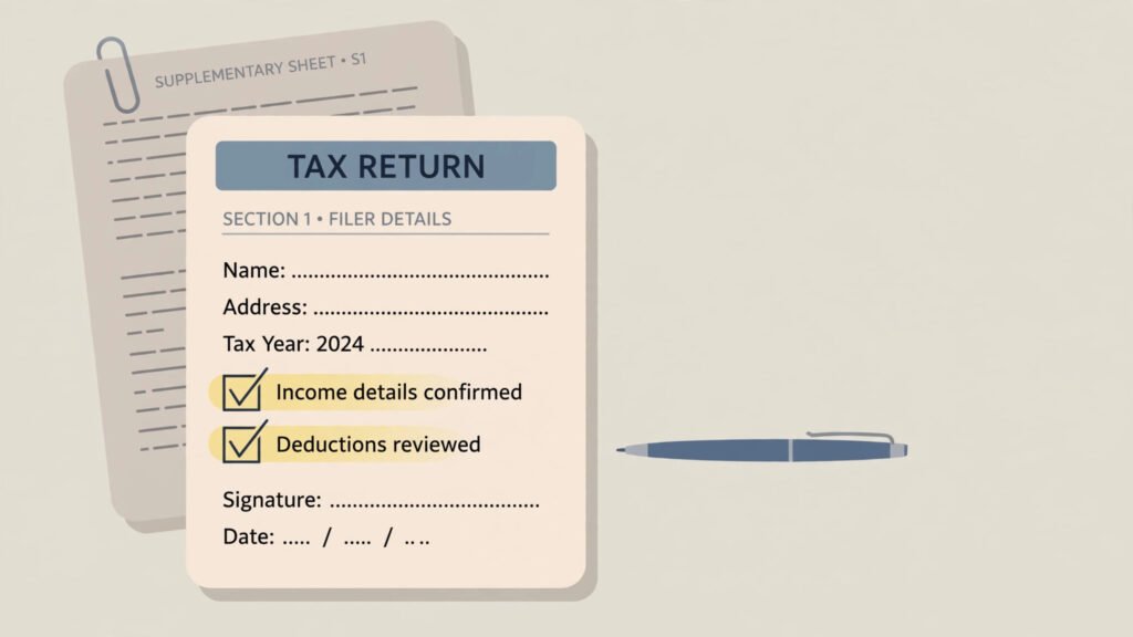 Illustration of a corporation tax return with two ticked boxes and a supplementary page attached