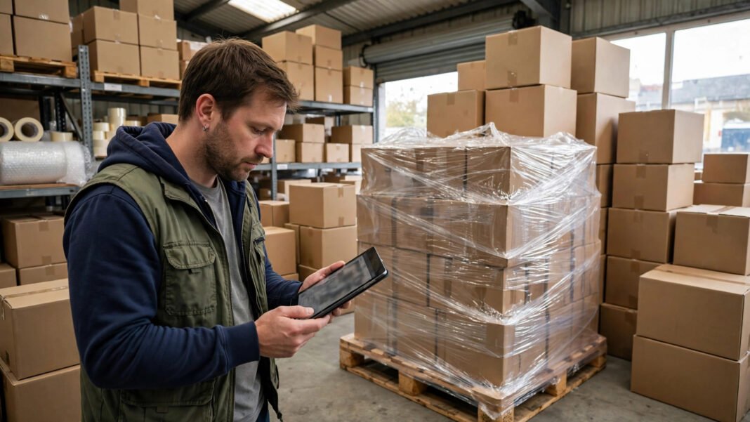 UK small business owner checking customs paperwork on a tablet beside boxes of imported stock in a small warehouse