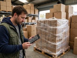 UK small business owner checking customs paperwork on a tablet beside boxes of imported stock in a small warehouse