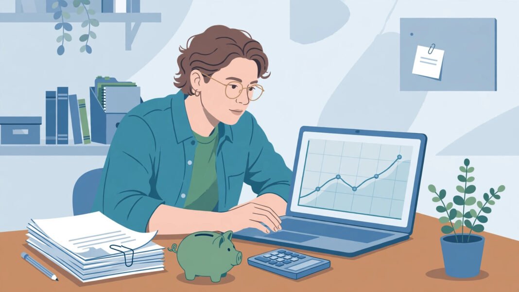 Company director reviewing pension contribution figures and a corporation tax calculation at a desk in a modern UK office