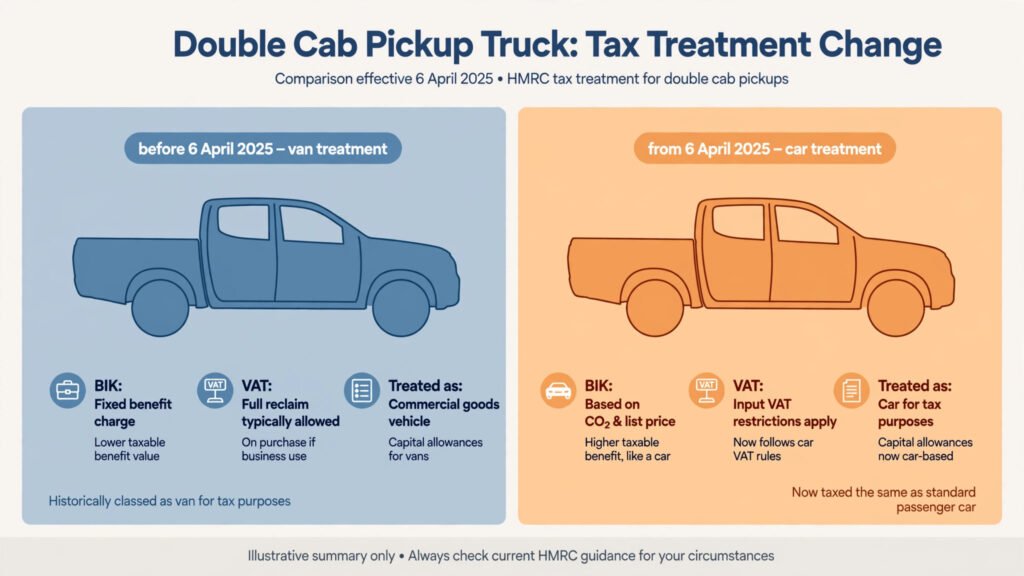 Diagram showing double cab pickup truck tax classification change from van to car in April 2025