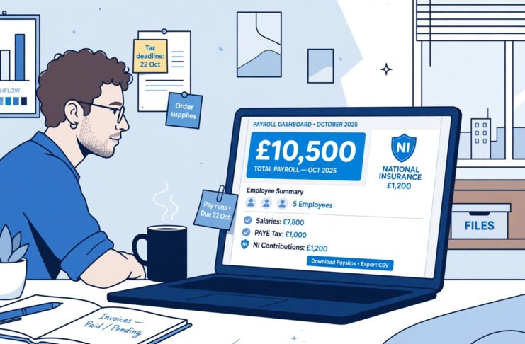 UK small business owner reviewing Employment Allowance 2026/27 savings of £10,500 on a payroll dashboard