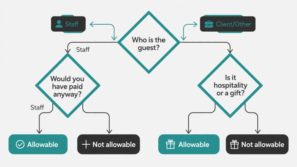 Three-step flowchart asking who is the guest, whether you would have paid anyway, and whether it is hospitality or a gift