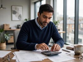 UK business owner reviewing capital gains tax figures at a desk with a calculator and sale paperwork