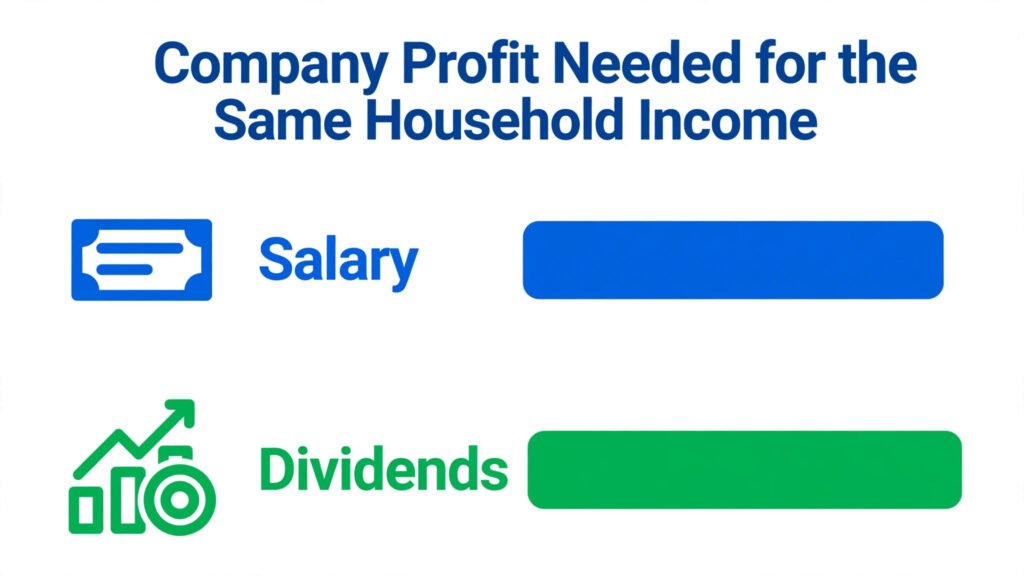 Bar chart comparing the pre-tax company profit needed to pay a family member £12,570 as salary versus dividends