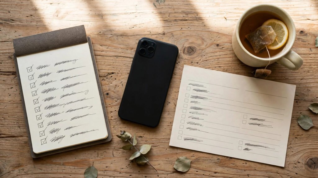 Notepad checklist, smartphone and mug on a desk for a self-employed person planning benefit claims