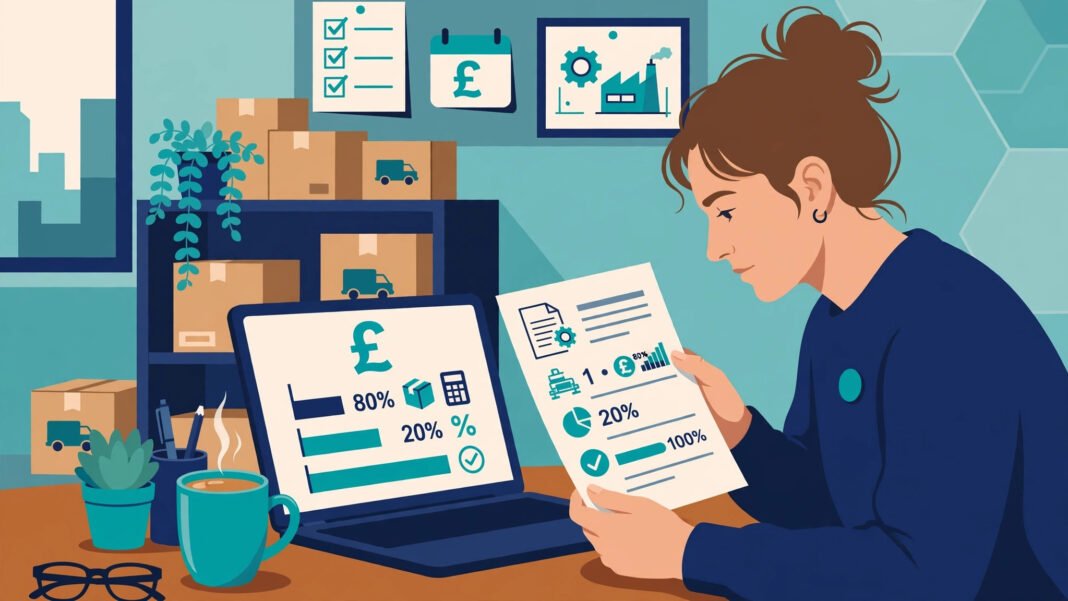 UK company director reviewing equipment invoices and a tax computation showing 100% first-year capital allowance relief