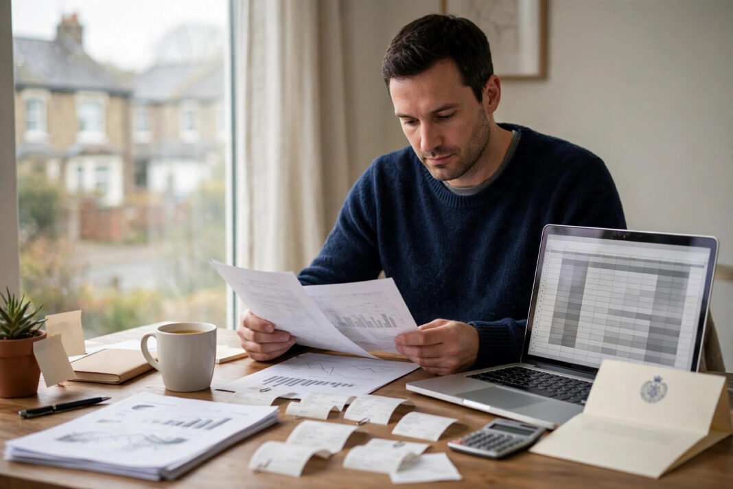 UK small business owner reviewing accounts and receipts at a desk with a laptop and an HMRC letter