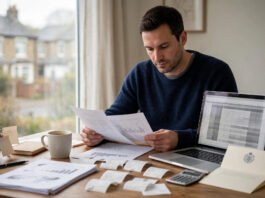 UK small business owner reviewing accounts and receipts at a desk with a laptop and an HMRC letter