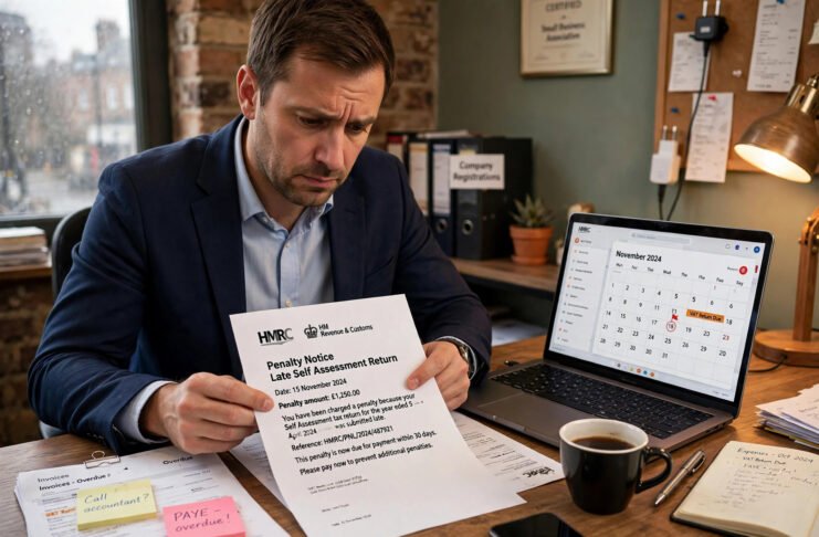 UK limited company director reviewing an HMRC late filing penalty notice at a desk