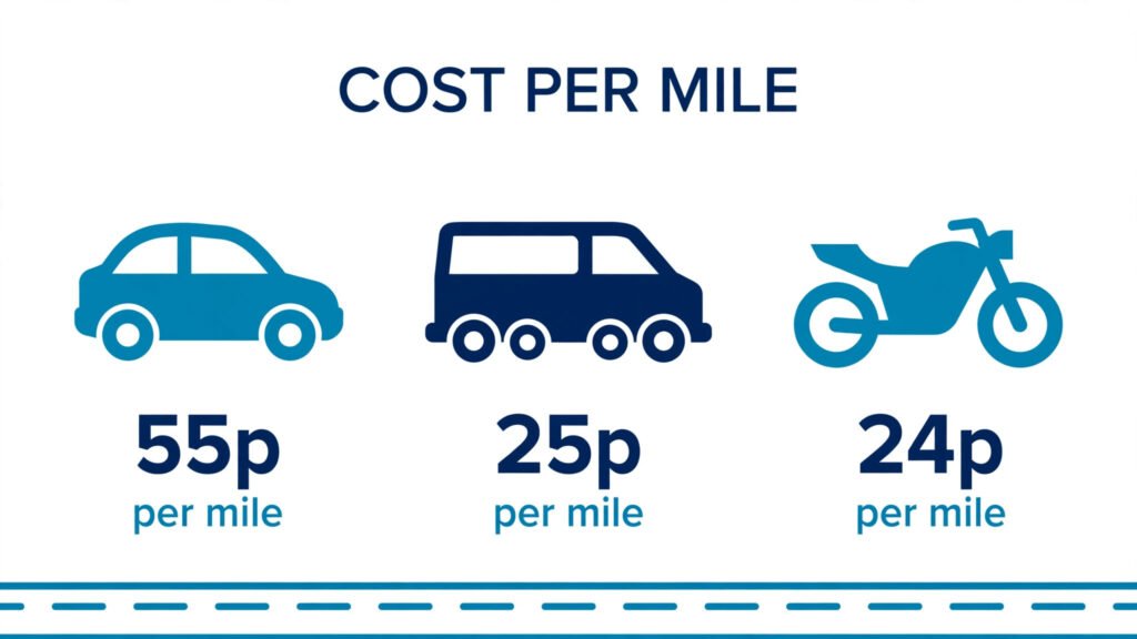 Infographic of 2026/27 flat rate mileage rates for cars, vans and motorcycles