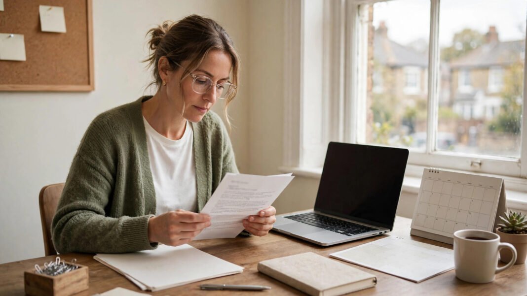 UK small business owner reviewing an HMRC penalty notice at a desk with a laptop and paperwork
