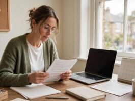 UK small business owner reviewing an HMRC penalty notice at a desk with a laptop and paperwork
