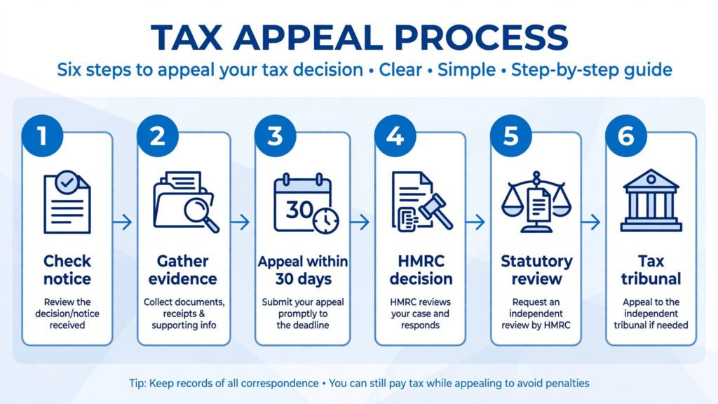 Flowchart of the six HMRC penalty appeal steps from checking the notice to the tax tribunal