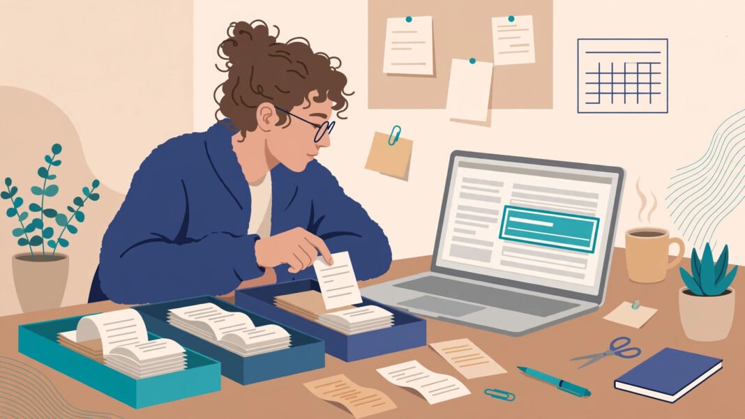 Sole trader at a desk sorting receipts beside a laptop showing a Self Assessment tax return with the expenses box highlighted