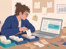 Sole trader at a desk sorting receipts beside a laptop showing a Self Assessment tax return with the expenses box highlighted