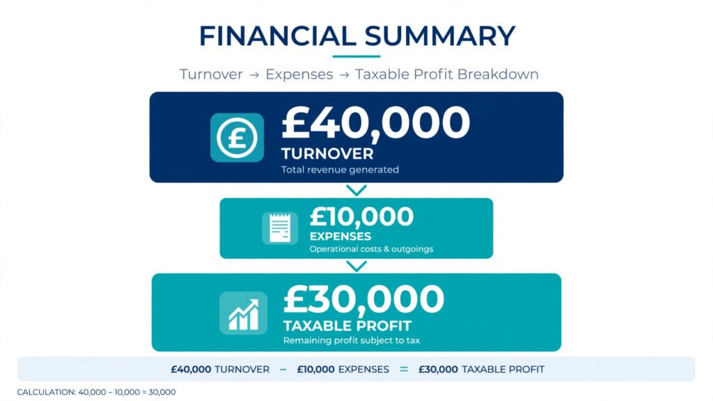 Simple diagram showing £40,000 turnover minus £10,000 allowable expenses leaving £30,000 taxable profit