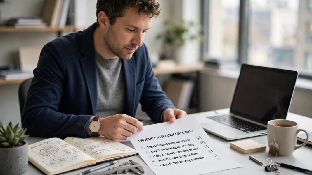 UK company director reviewing an eight-step R&D tax credit checklist at a desk with a laptop and project notes