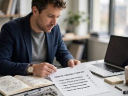 UK company director reviewing an eight-step R&D tax credit checklist at a desk with a laptop and project notes