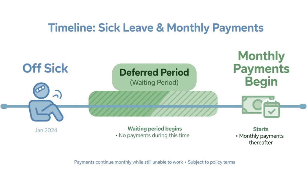 Timeline showing time off sick, a deferred period, then income protection payments starting