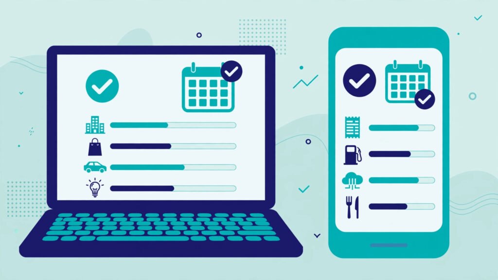 Laptop and phone showing categorised business expenses and a quarterly update ready to submit to HMRC