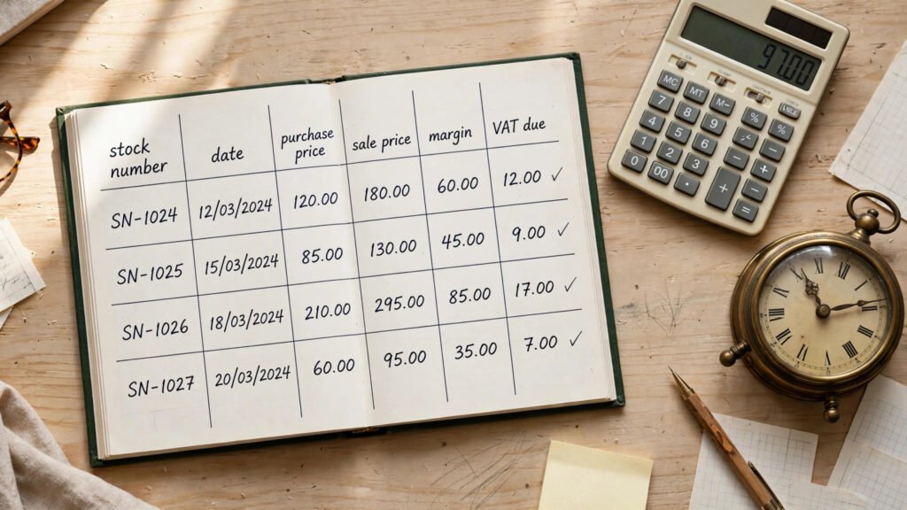 Sample stockbook page listing stock numbers, purchase prices, sale prices and VAT due