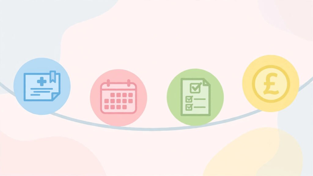 Horizontal timeline of pregnancy weeks 20, 25, 26 and 29 marking the MATB1 certificate, SMP qualifying week, Maternity Allowance claim opening and earliest pay start