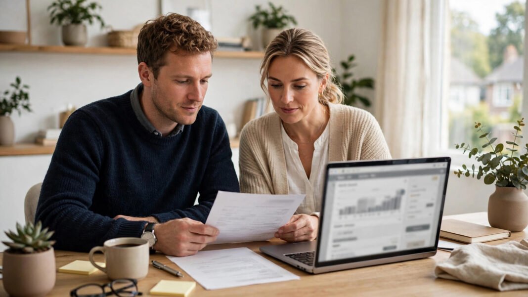 UK company director and spouse reviewing payroll figures together at a kitchen table with a laptop and payslip