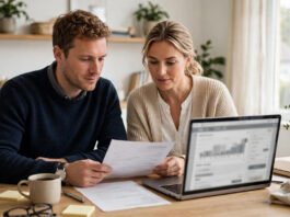 UK company director and spouse reviewing payroll figures together at a kitchen table with a laptop and payslip