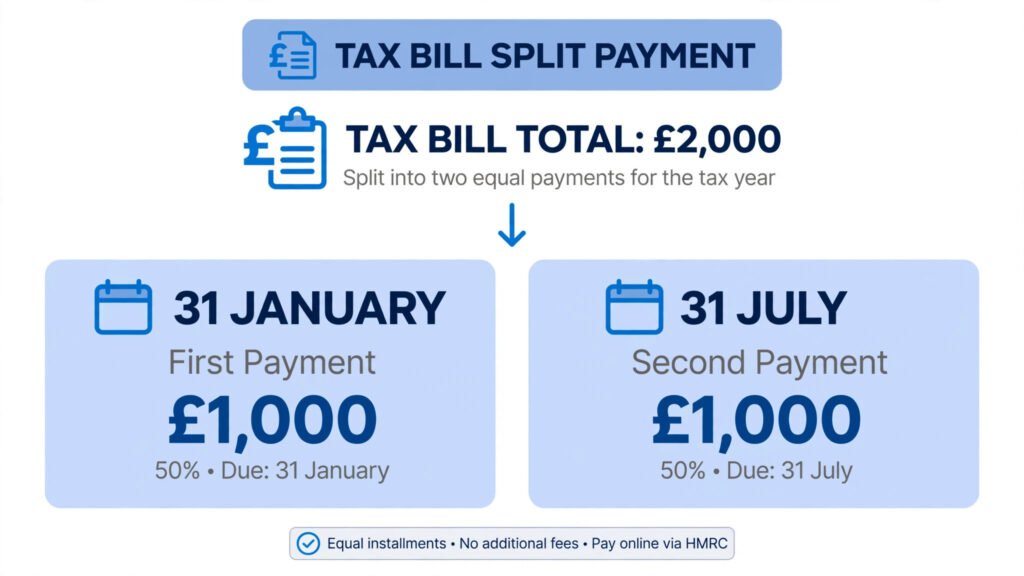 Diagram showing how a UK payment on account is calculated as 50% of the previous year's tax bill